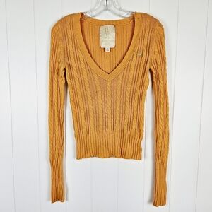 Hollister Y2K Sweater Medium Orange Deep V Neck Cable Knit Fitted Elena Bella